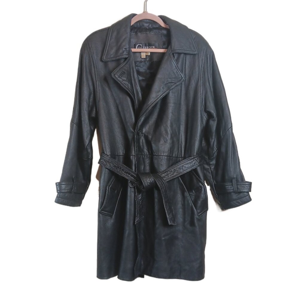 Colebrook & Co Leather Trench Coat Womens S Black Vtg 80s 90s Belted Soft Cozy